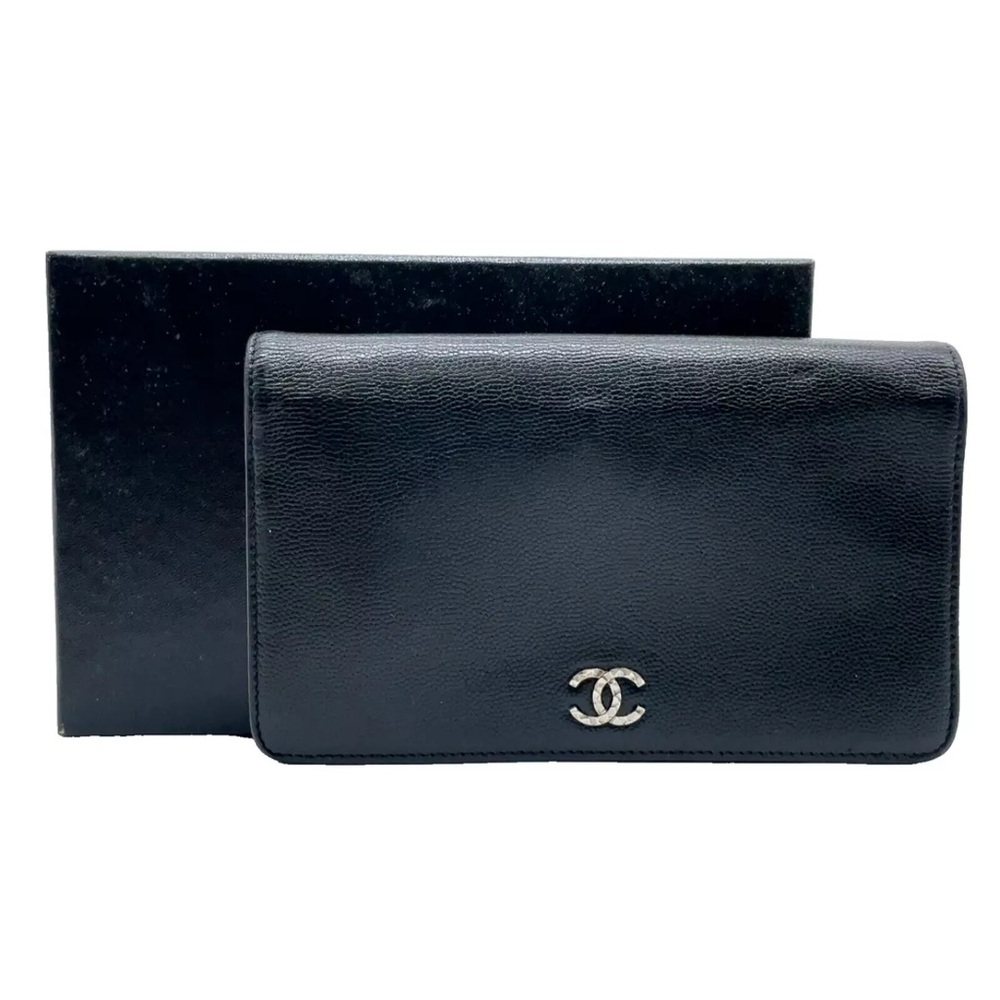 Authentic Chanel Caviar Black Brilliant Coco Long Wallet W/Box